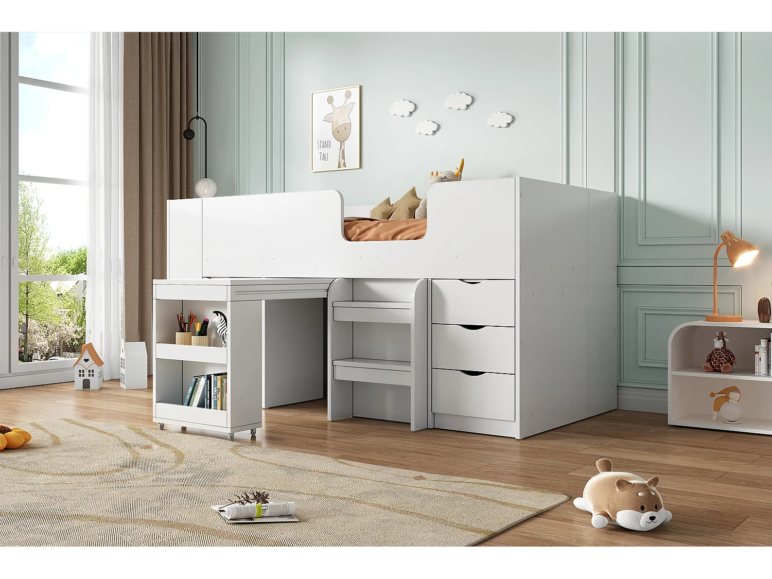 Łóżko antresola 90 x 200 cm z przesuwanym biurkiem, 3 szufladami i 1 drzwiami - drewno MDF - białe (bez materaca)