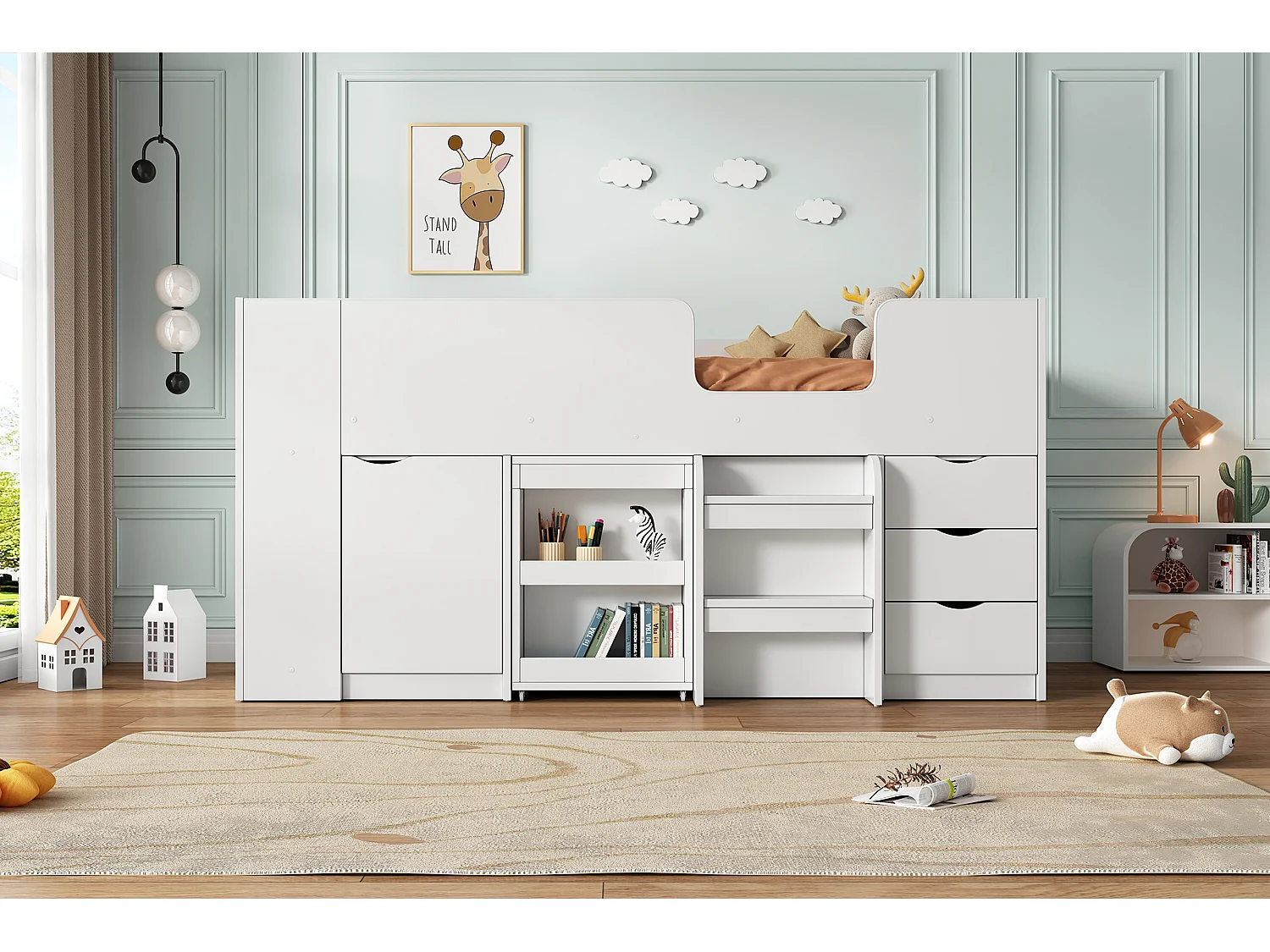 Łóżko antresola 90 x 200 cm z przesuwanym biurkiem, 3 szufladami i 1 drzwiami - drewno MDF - białe (bez materaca)