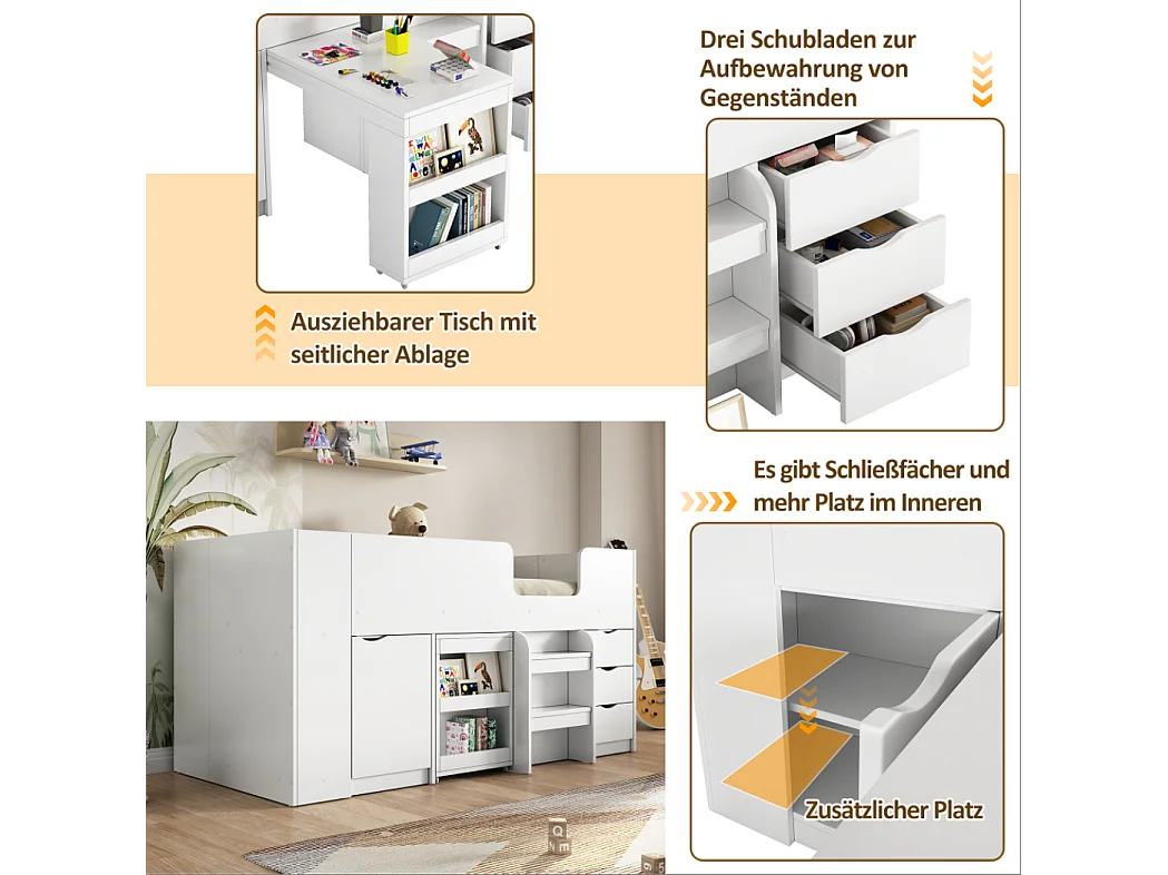 Letto a soppalco 90 x 200 cm con scrivania scorrevole, 3 cassetti e 1 anta - Legno MDF - Bianco (senza materasso)