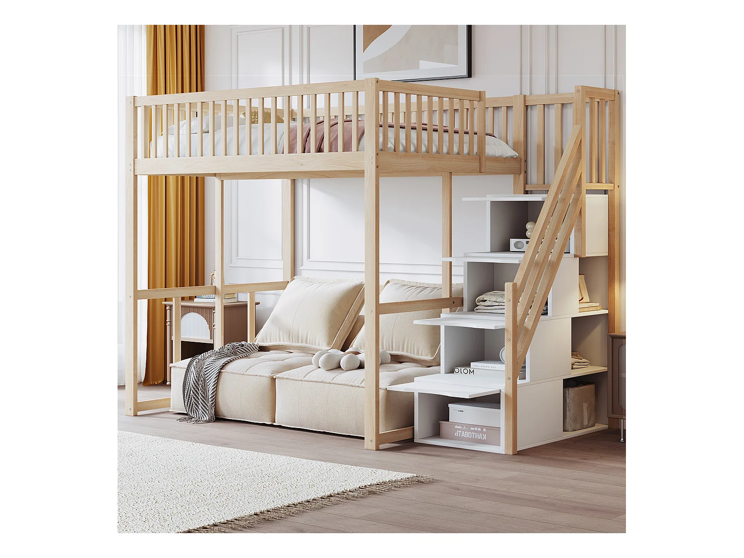 Hoogslaper 140 x 200 cm met 4 lades en opbergplanken - Grenen + multiplex + MDF - voor kinderen - Naturel