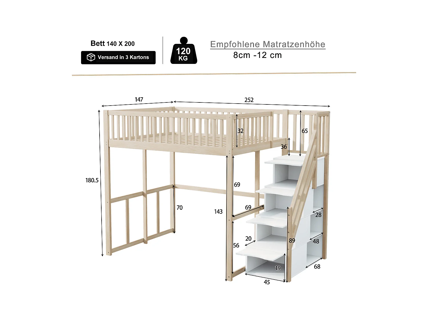 Lit mezzanine 140 x 200 cm avec 4 tiroirs et étagères de rangement - Pin + contreplaqué + MDF - pour enfant - Naturel