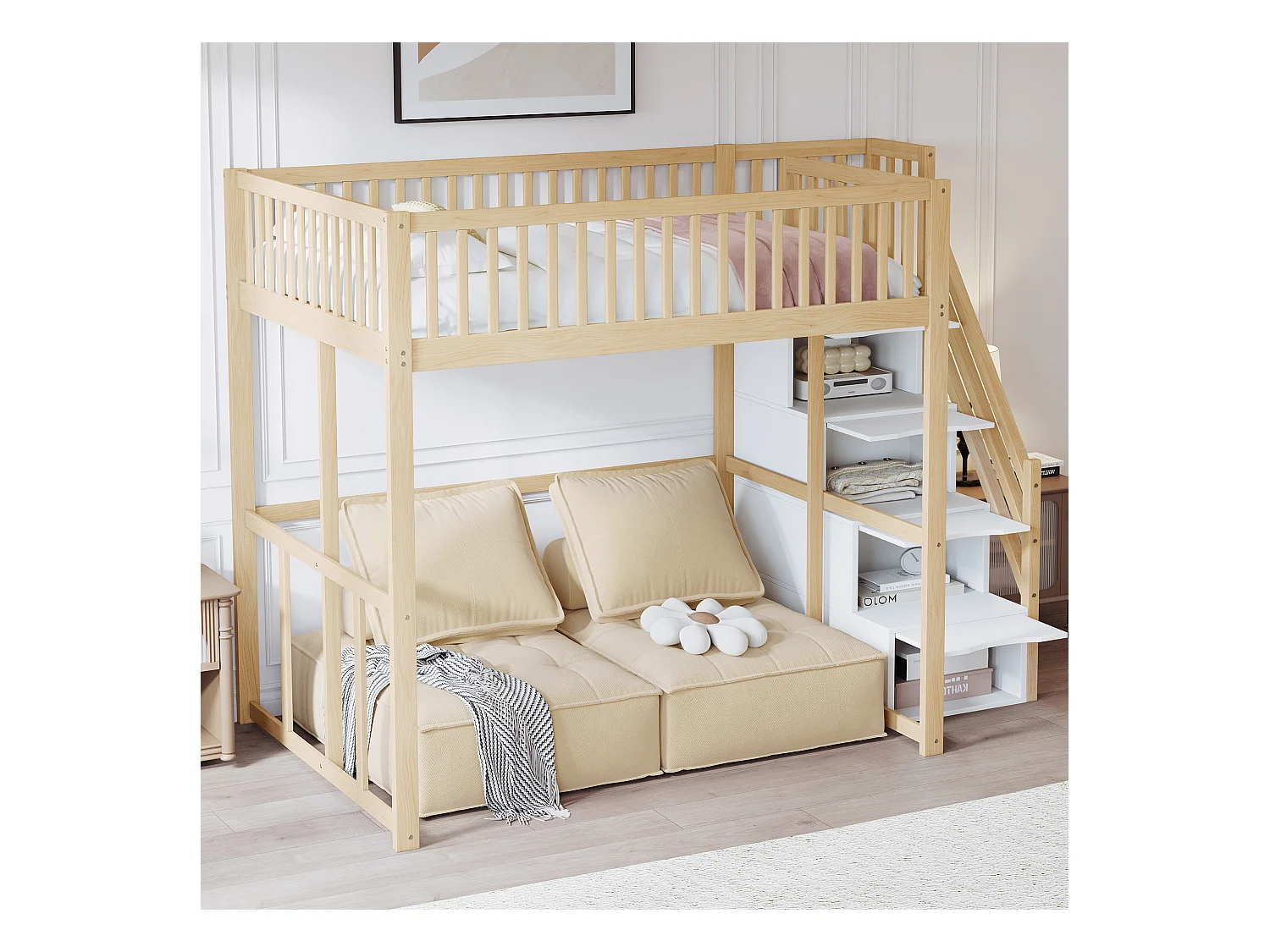Lit mezzanine 140 x 200 cm avec 4 tiroirs et étagères de rangement - Pin + contreplaqué + MDF - pour enfant - Naturel