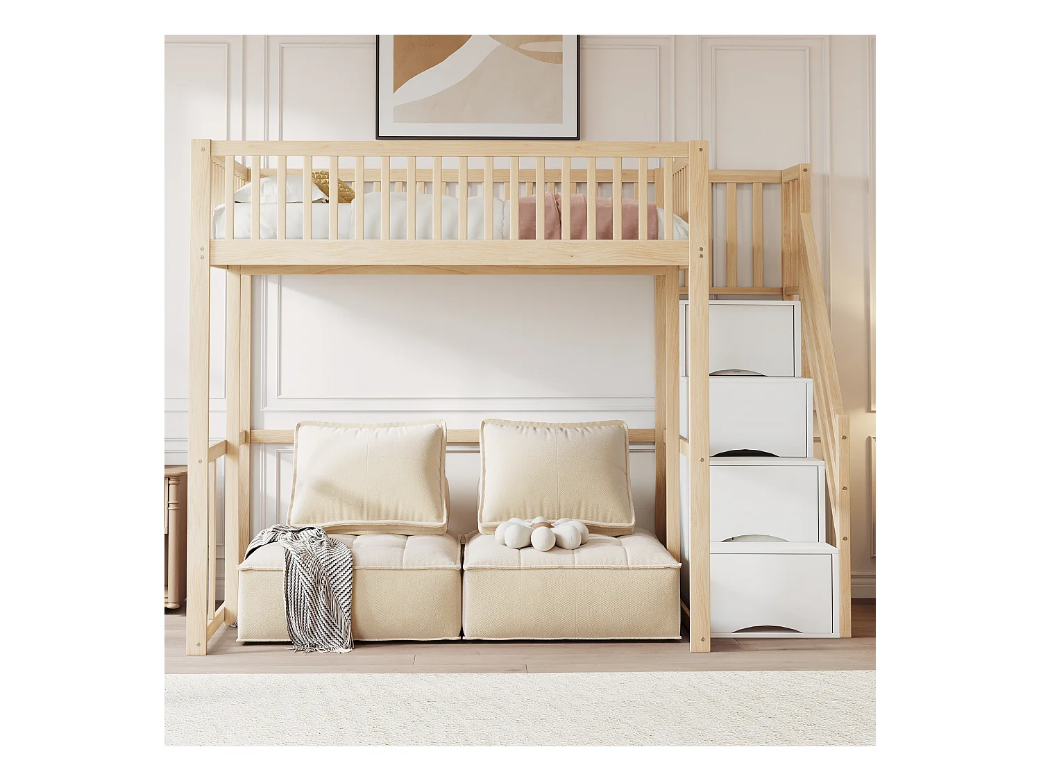 Lit mezzanine 140 x 200 cm avec 4 tiroirs et étagères de rangement - Pin + contreplaqué + MDF - pour enfant - Naturel