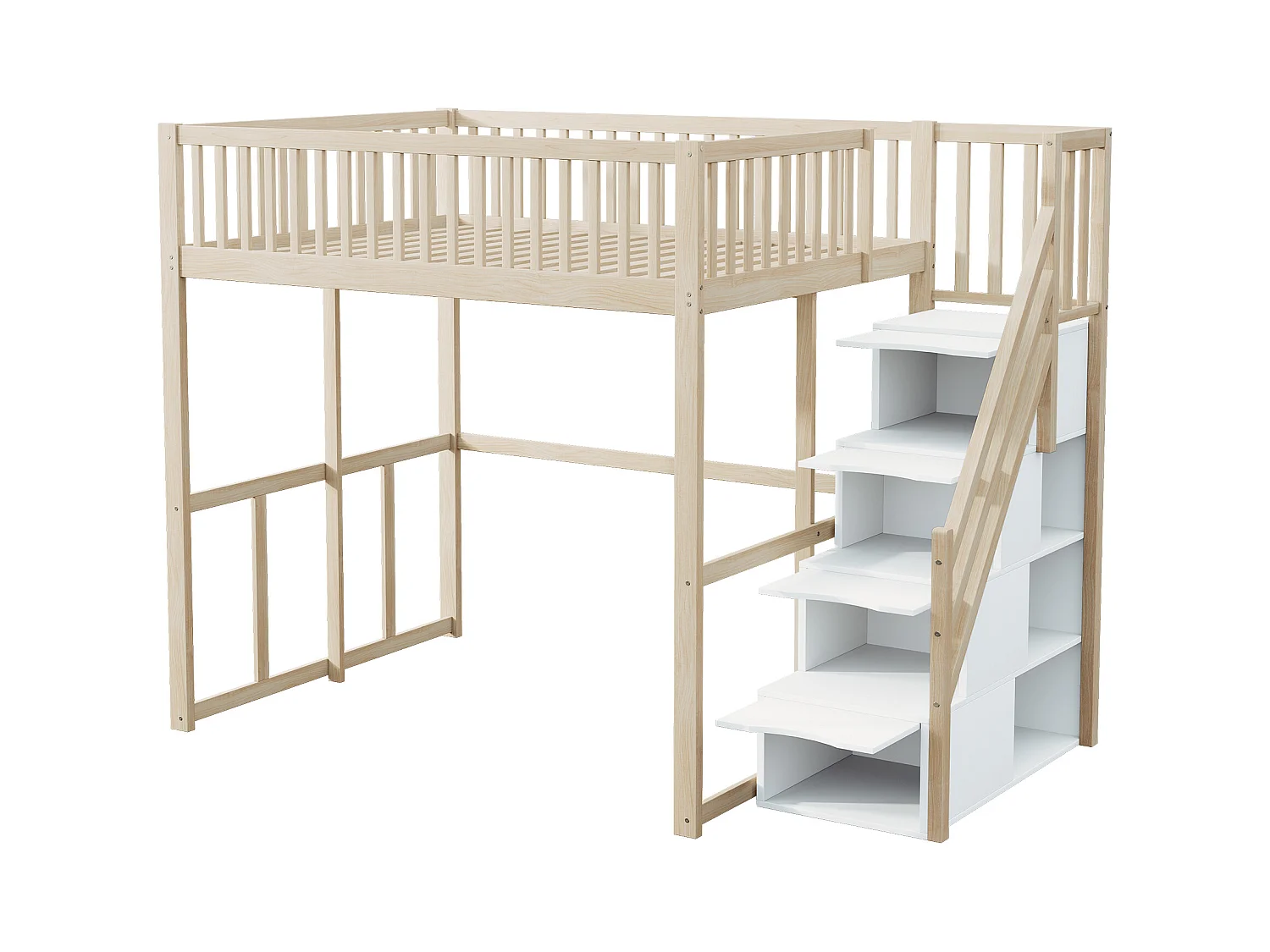 Lit mezzanine 140 x 200 cm avec 4 tiroirs et étagères de rangement - Pin + contreplaqué + MDF - pour enfant - Naturel