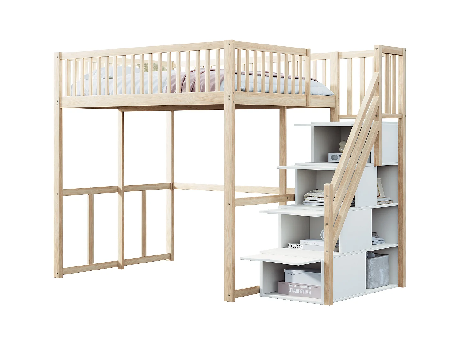 Lit mezzanine 140 x 200 cm avec 4 tiroirs et étagères de rangement - Pin + contreplaqué + MDF - pour enfant - Naturel