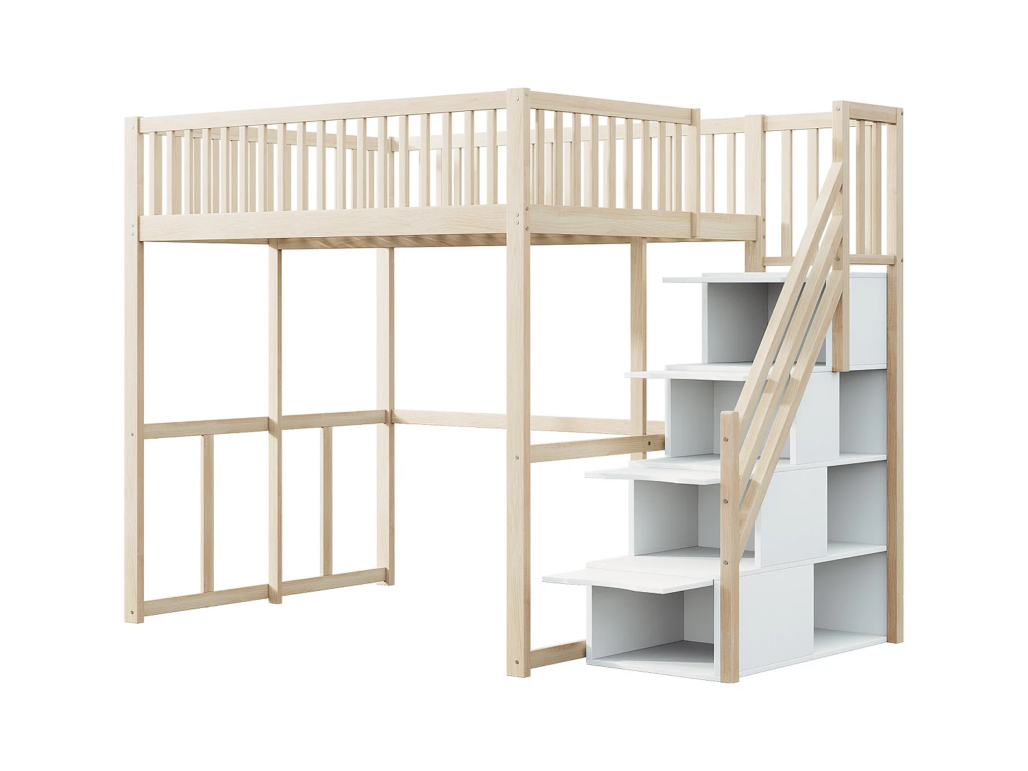 Lit mezzanine 140 x 200 cm avec 4 tiroirs et étagères de rangement - Pin + contreplaqué + MDF - pour enfant - Naturel