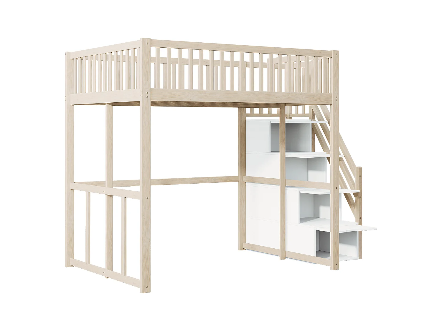 Lit mezzanine 140 x 200 cm avec 4 tiroirs et étagères de rangement - Pin + contreplaqué + MDF - pour enfant - Naturel