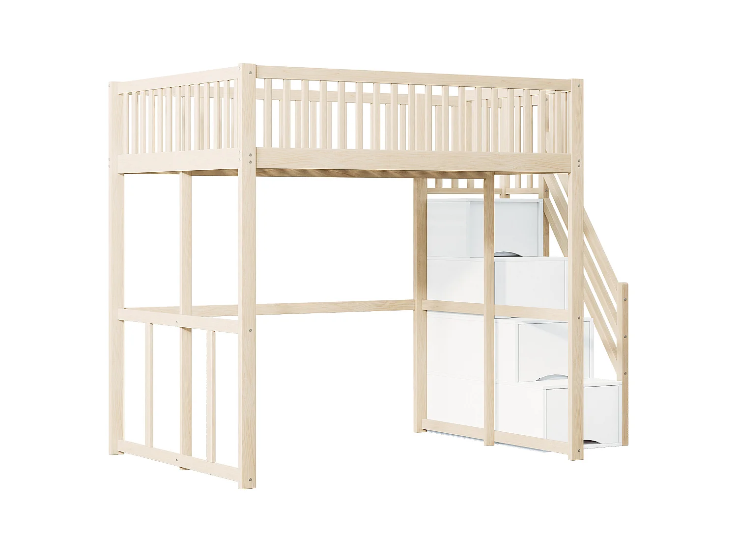 Lit mezzanine 140 x 200 cm avec 4 tiroirs et étagères de rangement - Pin + contreplaqué + MDF - pour enfant - Naturel