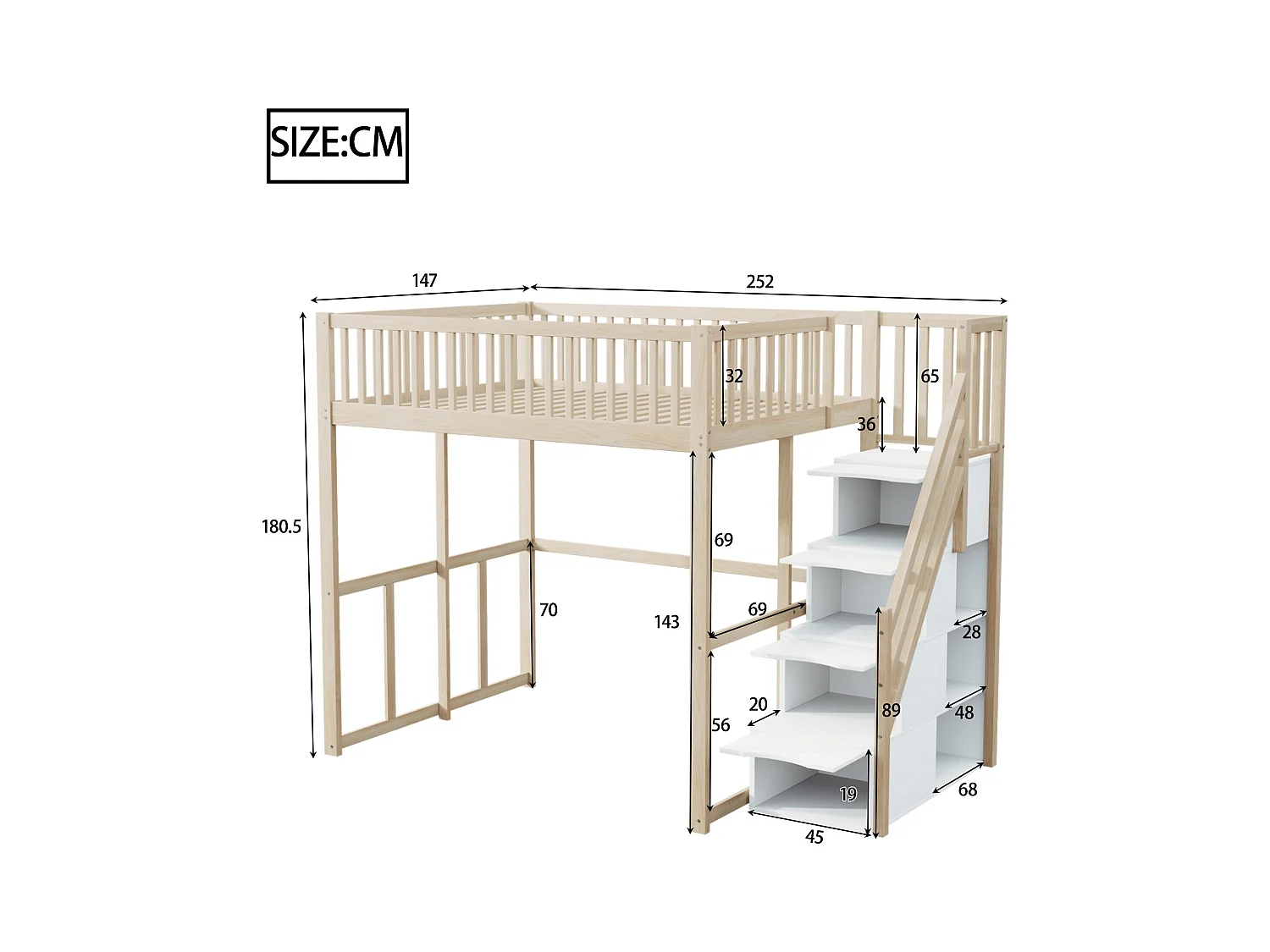 Lit mezzanine 140 x 200 cm avec 4 tiroirs et étagères de rangement - Pin + contreplaqué + MDF - pour enfant - Naturel