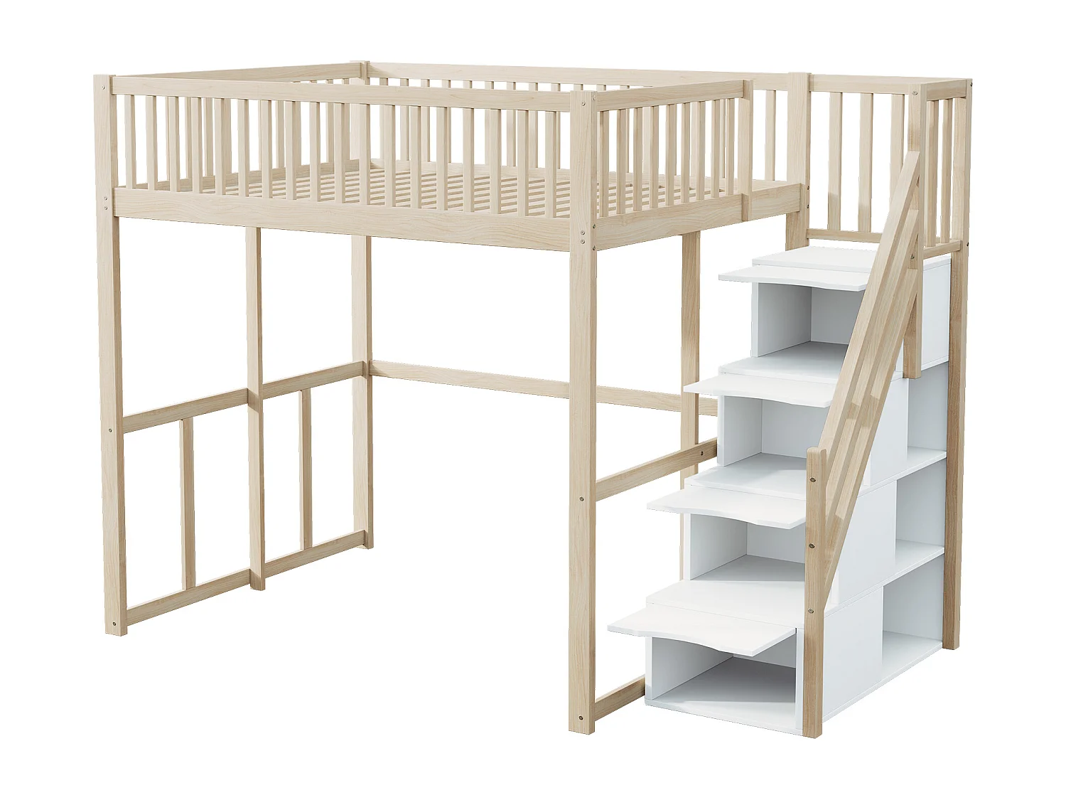 Hoogslaper 140 x 200 cm met 4 lades en opbergplanken - Grenen + multiplex + MDF - voor kinderen - Naturel
