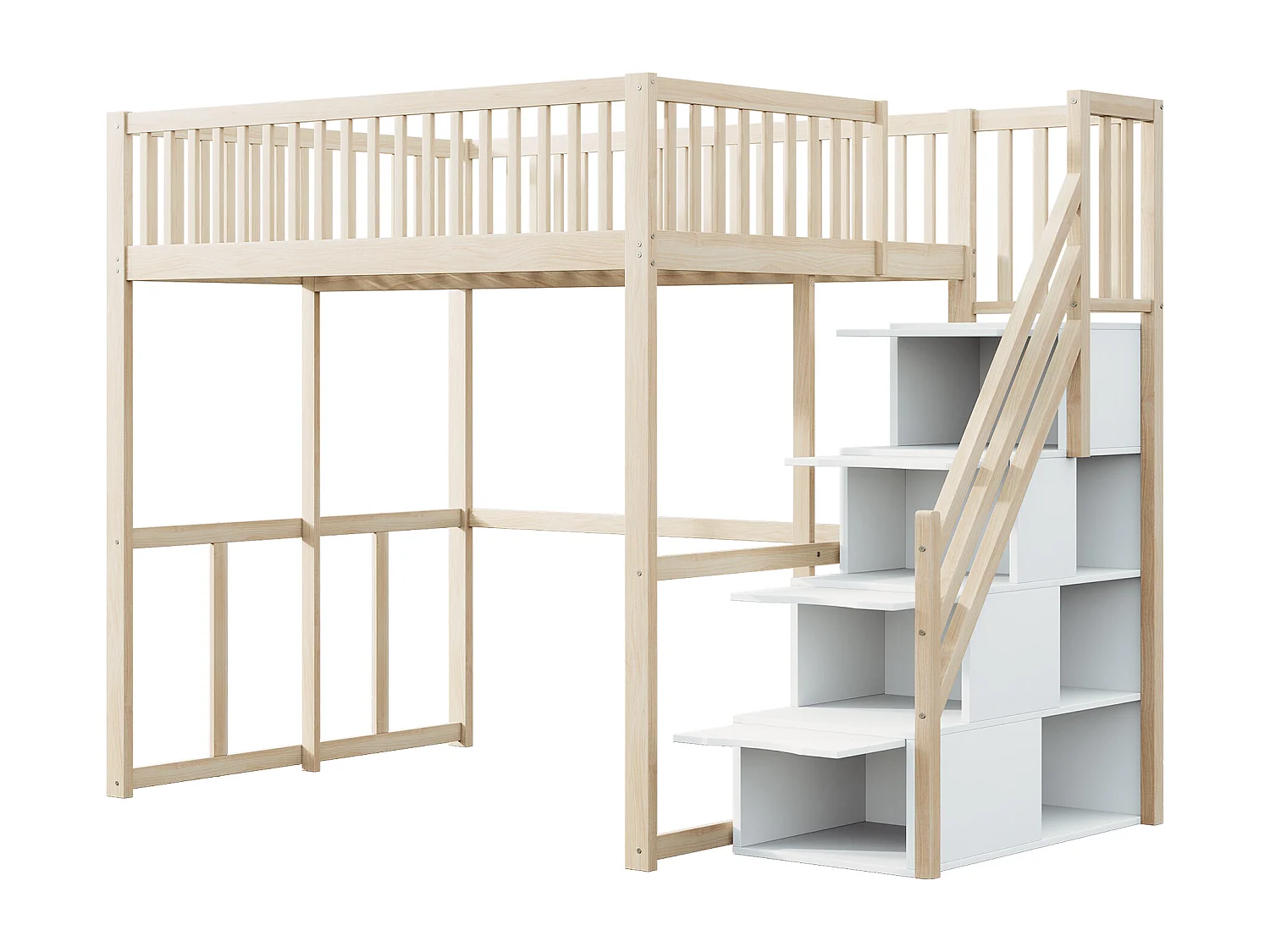 Hoogslaper 140 x 200 cm met 4 lades en opbergplanken - Grenen + multiplex + MDF - voor kinderen - Naturel