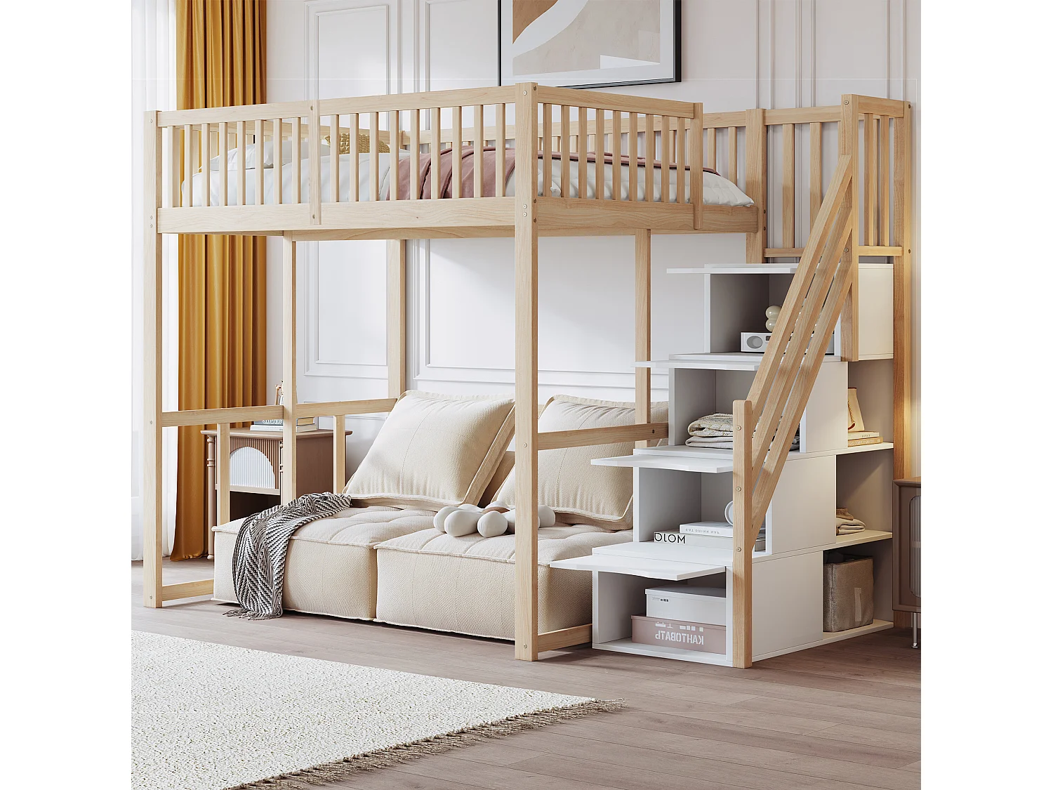 Lit mezzanine 140 x 200 cm avec 4 tiroirs et étagères de rangement - Pin + contreplaqué + MDF - pour enfant - Naturel