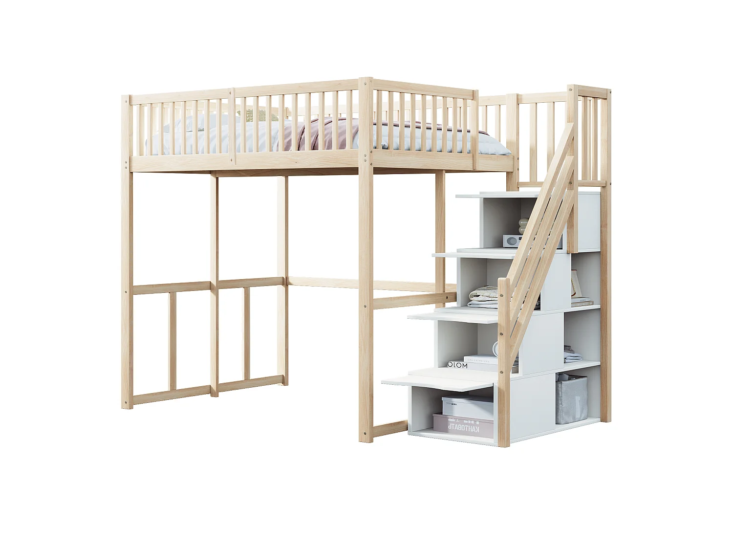 Lit mezzanine 140 x 200 cm avec 4 tiroirs et étagères de rangement - Pin + contreplaqué + MDF - pour enfant - Naturel