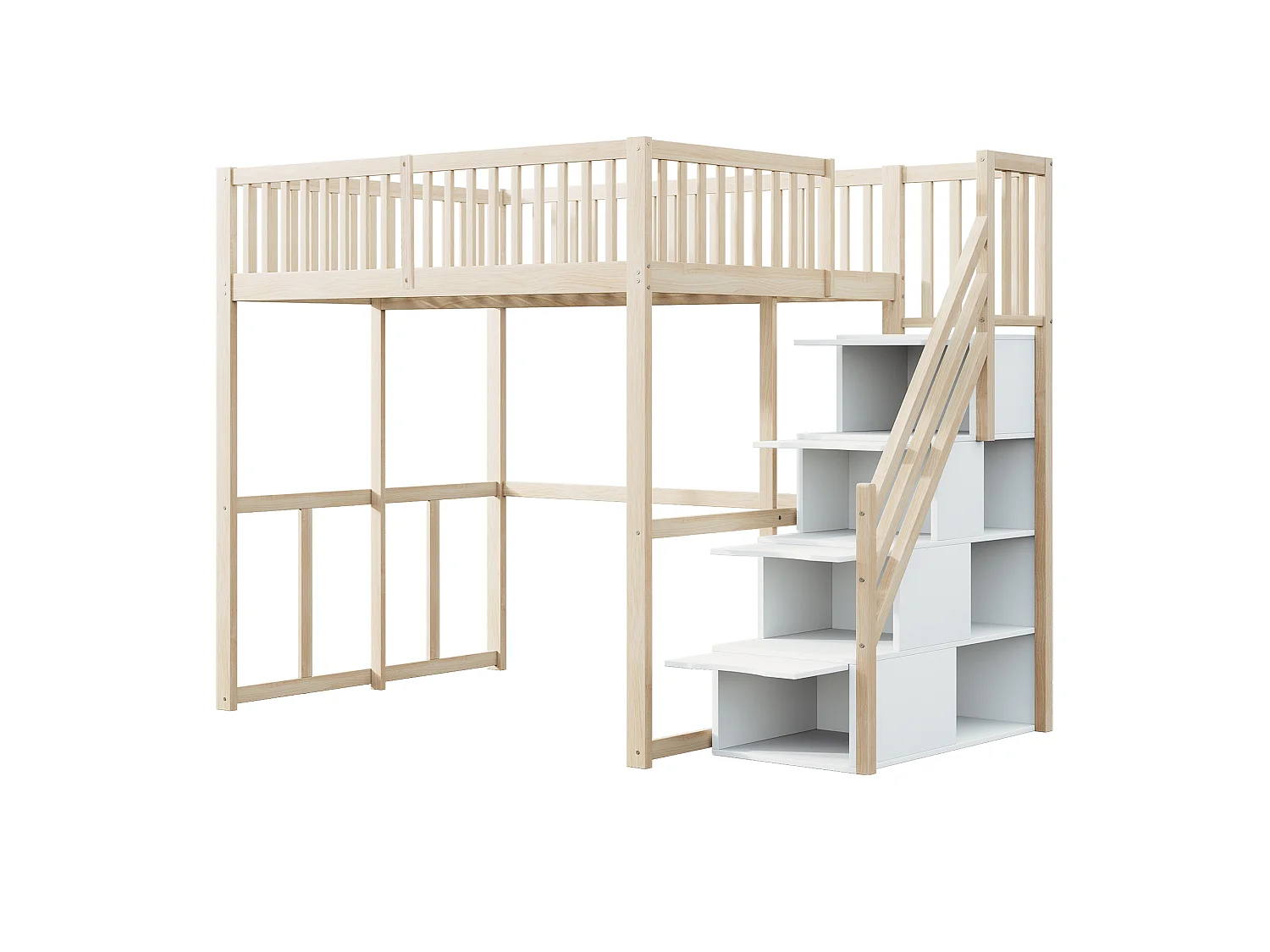 Lit mezzanine 140 x 200 cm avec 4 tiroirs et étagères de rangement - Pin + contreplaqué + MDF - pour enfant - Naturel