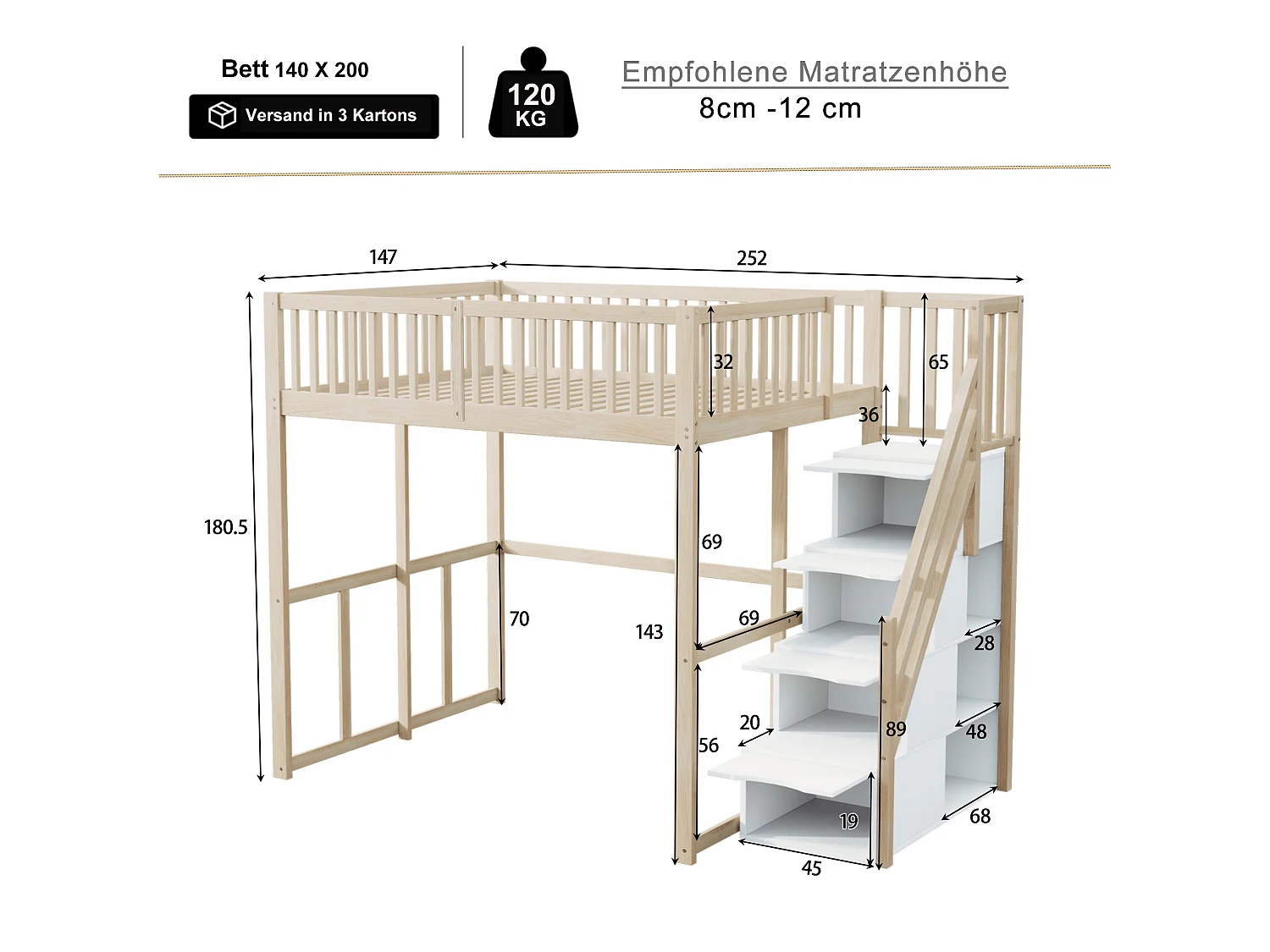 Lit mezzanine 140 x 200 cm avec 4 tiroirs et étagères de rangement - Pin + contreplaqué + MDF - pour enfant - Naturel