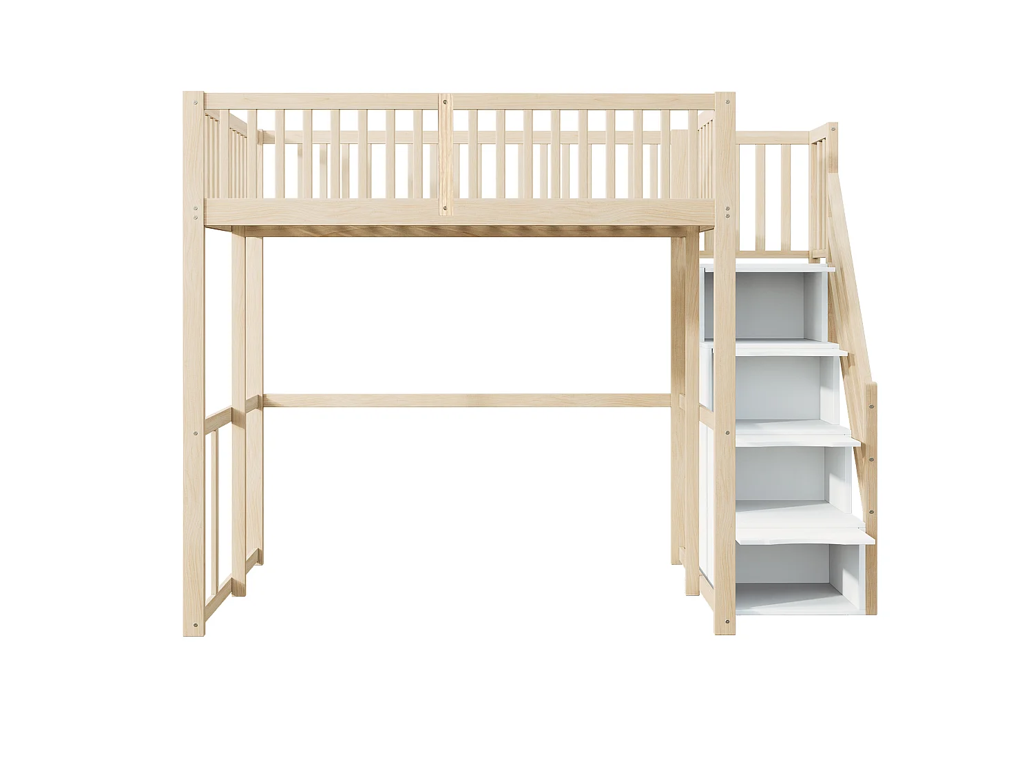 Lit mezzanine 140 x 200 cm avec 4 tiroirs et étagères de rangement - Pin + contreplaqué + MDF - pour enfant - Naturel