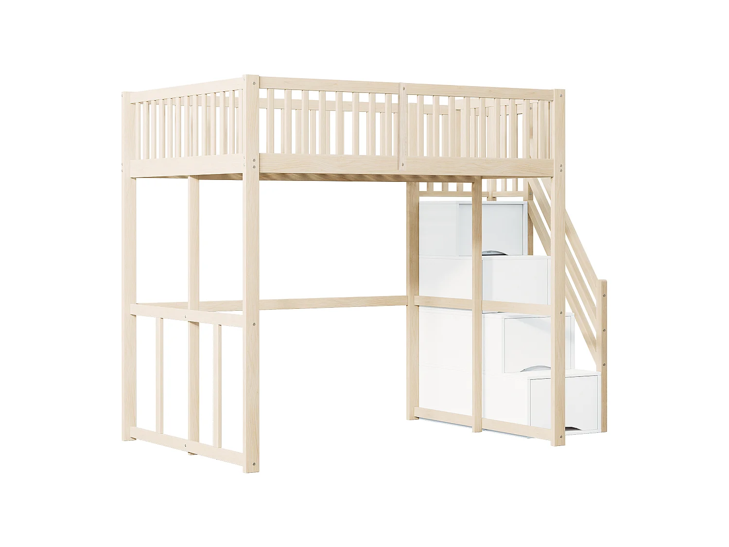 Lit mezzanine 140 x 200 cm avec 4 tiroirs et étagères de rangement - Pin + contreplaqué + MDF - pour enfant - Naturel