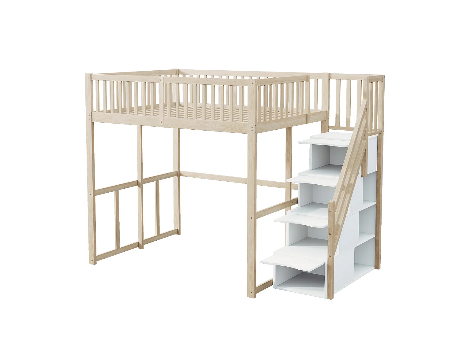 Lit mezzanine 140 x 200 cm avec 4 tiroirs et étagères de rangement - Pin + contreplaqué + MDF - pour enfant - Naturel
