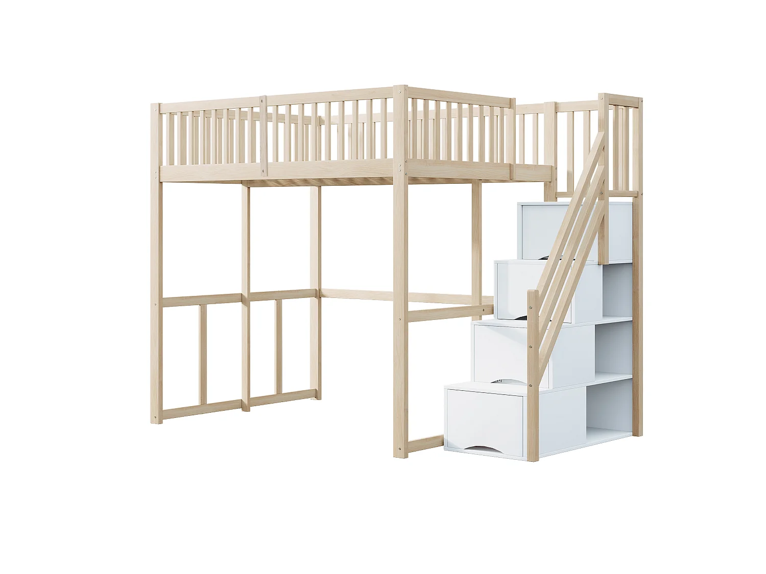 Lit mezzanine 140 x 200 cm avec 4 tiroirs et étagères de rangement - Pin + contreplaqué + MDF - pour enfant - Naturel