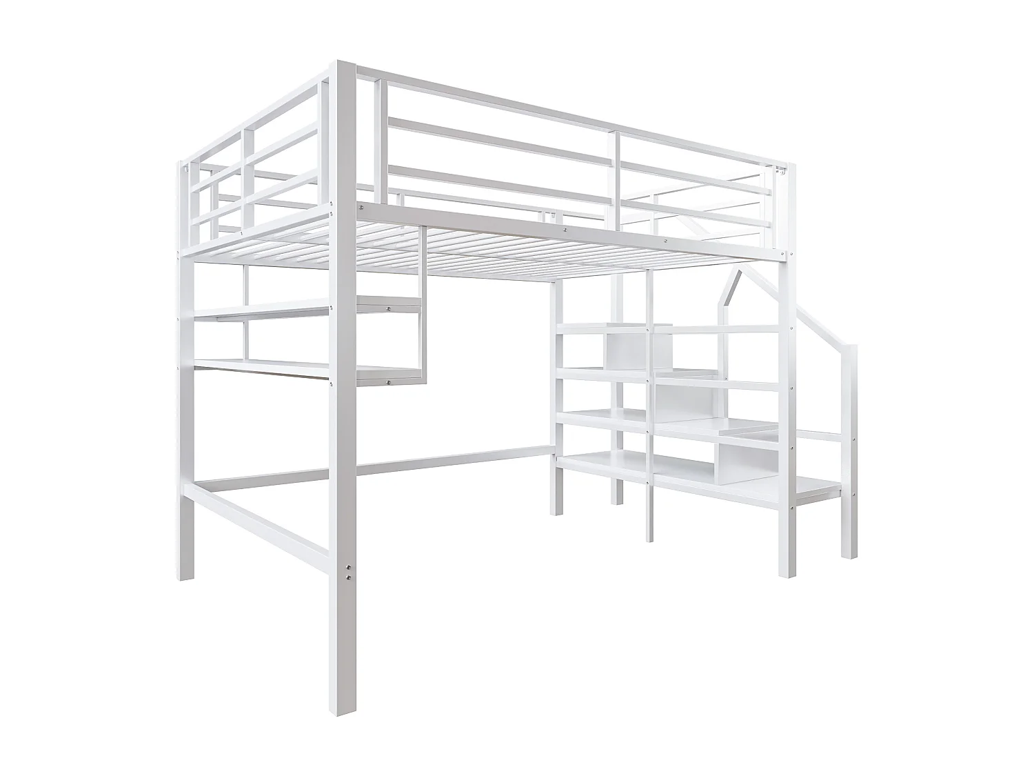 Lit mezzanine 140 x 200 cm avec étagères de rangement et échelle - Métal - Blanc (sans matelas)