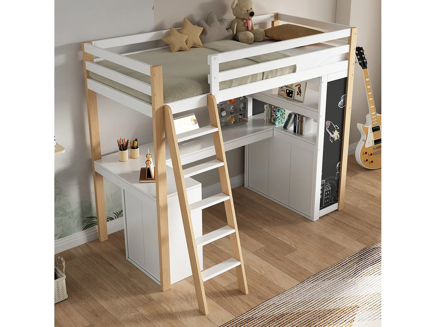 Lit mezzanine 90 x 200 cm avec bureau d'angle, 6 tiroirs et étagère - Bois massif + MDF - Blanc + naturel (sans matelas)