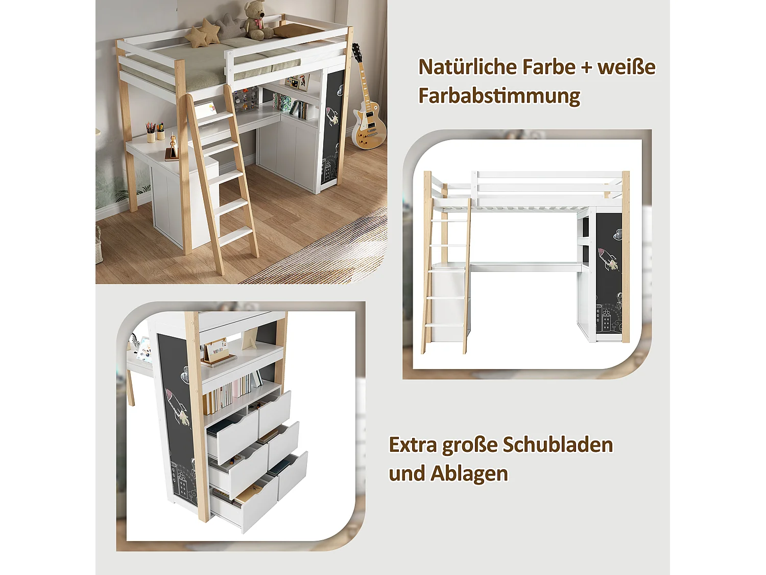 Lit mezzanine 90 x 200 cm avec bureau d'angle, 6 tiroirs et étagère - Bois massif + MDF - Blanc + naturel (sans matelas)