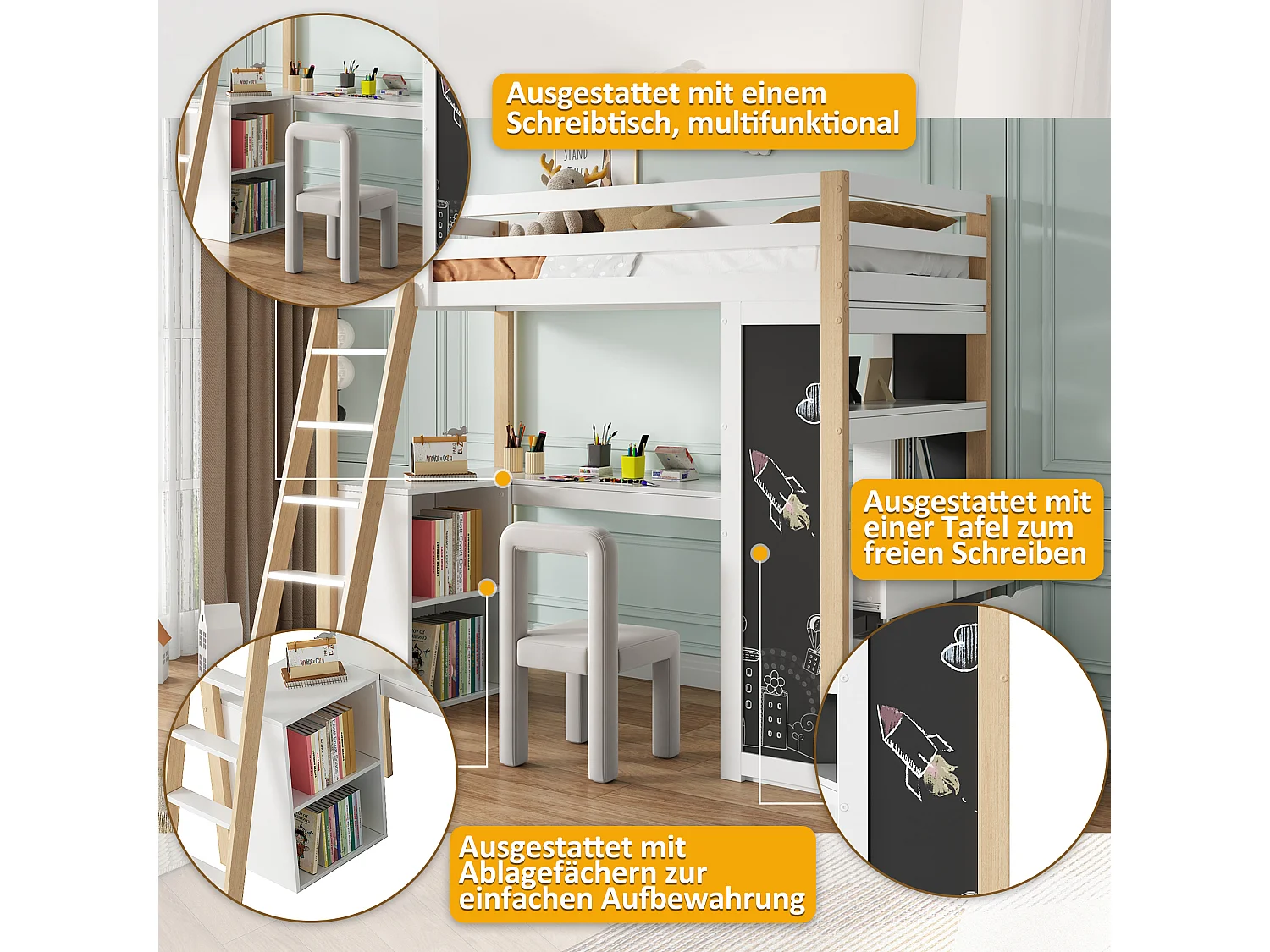 Lit mezzanine 90 x 200 cm avec bureau d'angle, 6 tiroirs et étagère - Bois massif + MDF - Blanc + naturel (sans matelas)