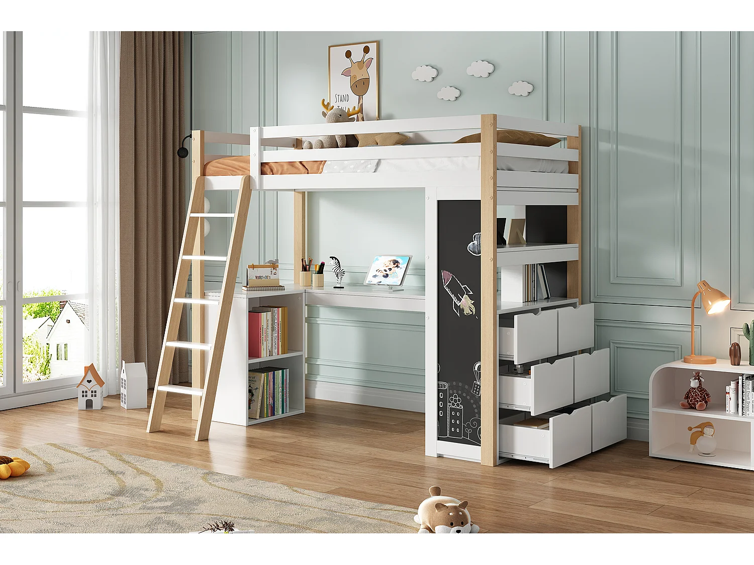 Lit mezzanine 90 x 200 cm avec bureau d'angle, 6 tiroirs et étagère - Bois massif + MDF - Blanc + naturel (sans matelas)