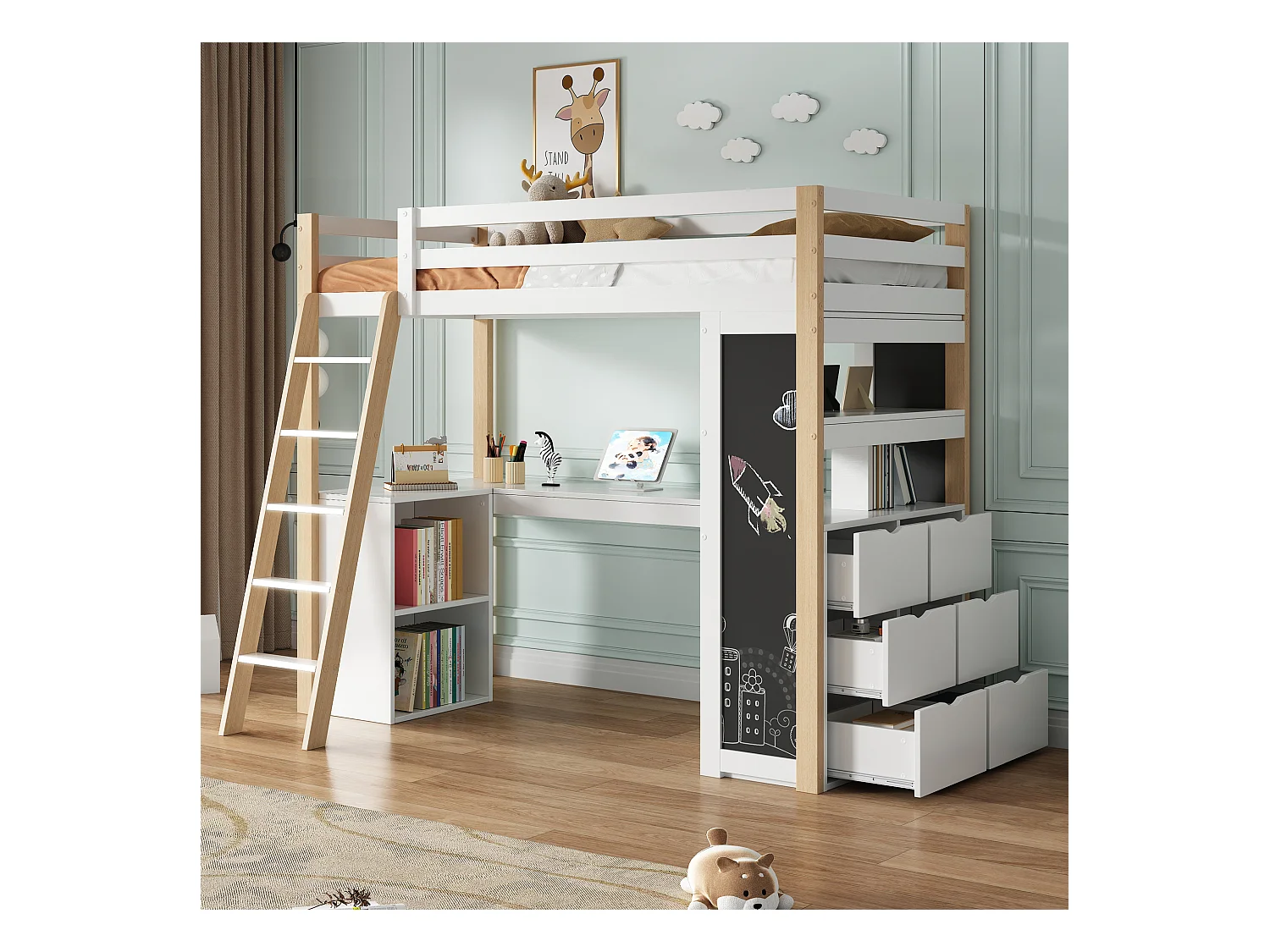 Hoogslaper 90 x 200 cm met hoekbureau, 6 lades en legplank - Massief hout + MDF - Wit + naturel (zonder matras)