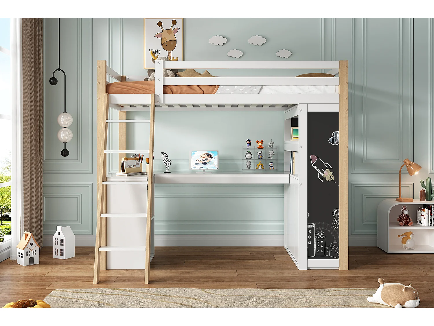 Letto a soppalco 90 x 200 cm con scrivania angolare, 6 cassetti e ripiano - Legno massello + MDF - Bianco + naturale (senza materasso)