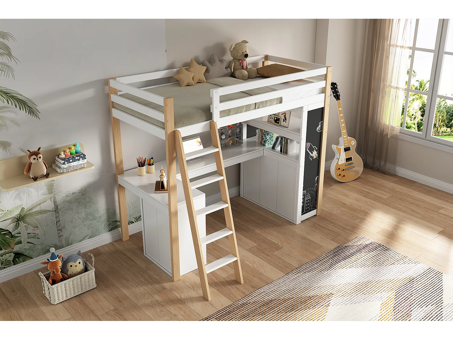 Letto a soppalco 90 x 200 cm con scrivania angolare, 6 cassetti e ripiano - Legno massello + MDF - Bianco + naturale (senza materasso)