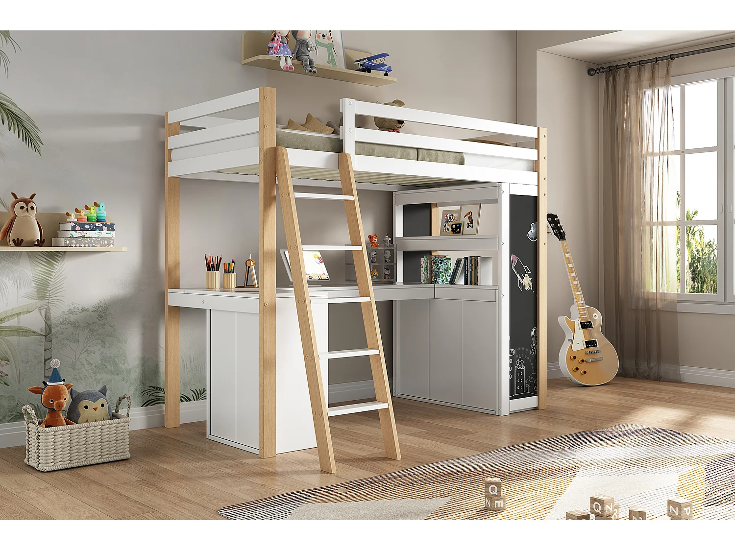 Letto a soppalco 90 x 200 cm con scrivania angolare, 6 cassetti e ripiano - Legno massello + MDF - Bianco + naturale (senza materasso)