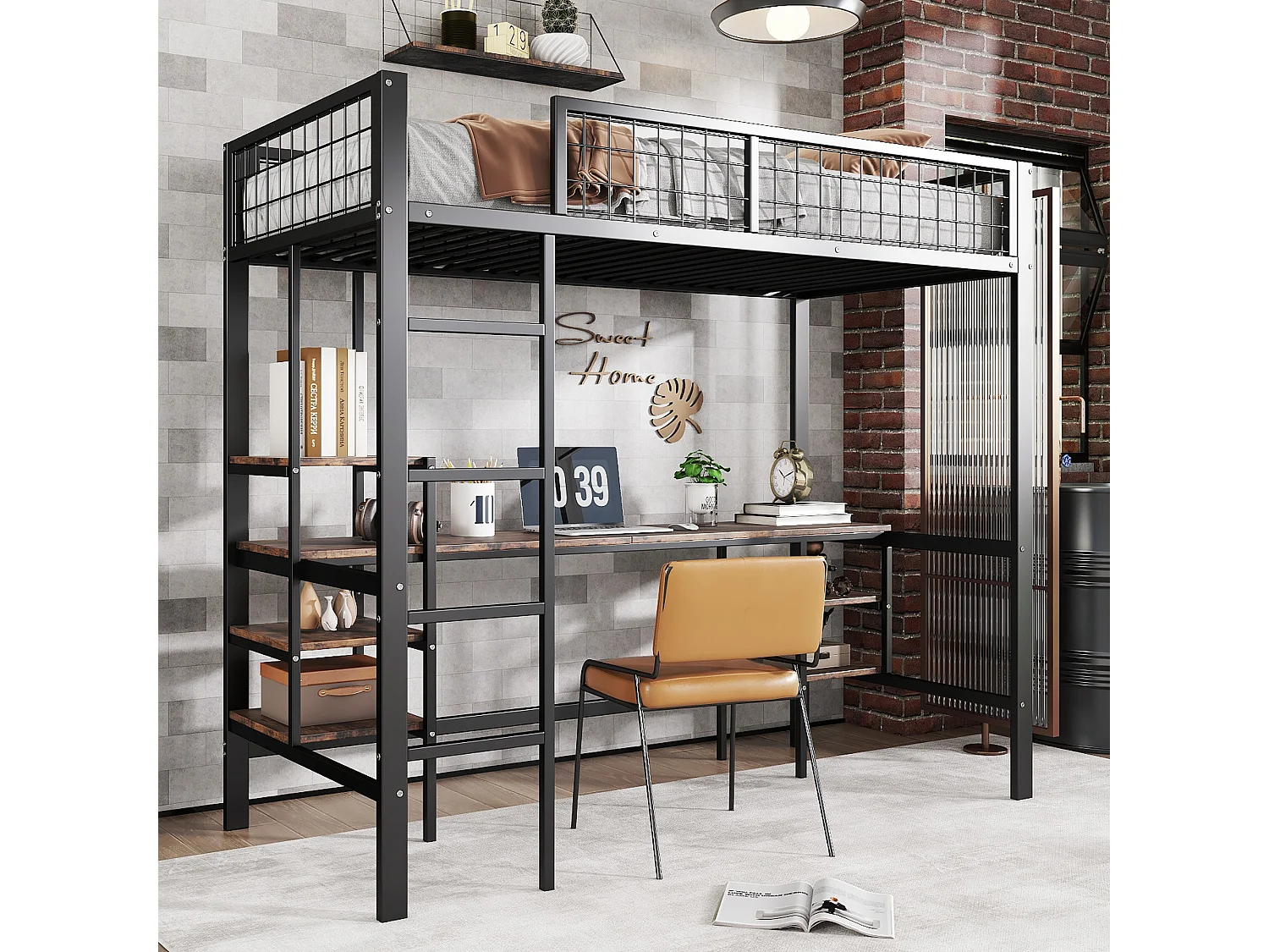 Lit mezzanine 90 x 200 cm avec bureau et étagères de rangement - Fer + aggloméré - pour enfant - Noir et marron