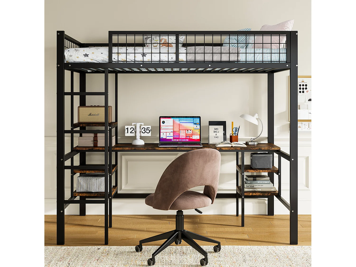 Lit mezzanine 90 x 200 cm avec bureau et étagères de rangement - Fer + aggloméré - pour enfant - Noir et marron