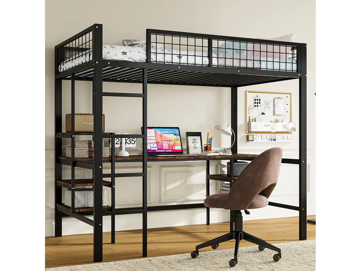 Lit mezzanine 90 x 200 cm avec bureau et étagères de rangement - Fer + aggloméré - pour enfant - Noir et marron