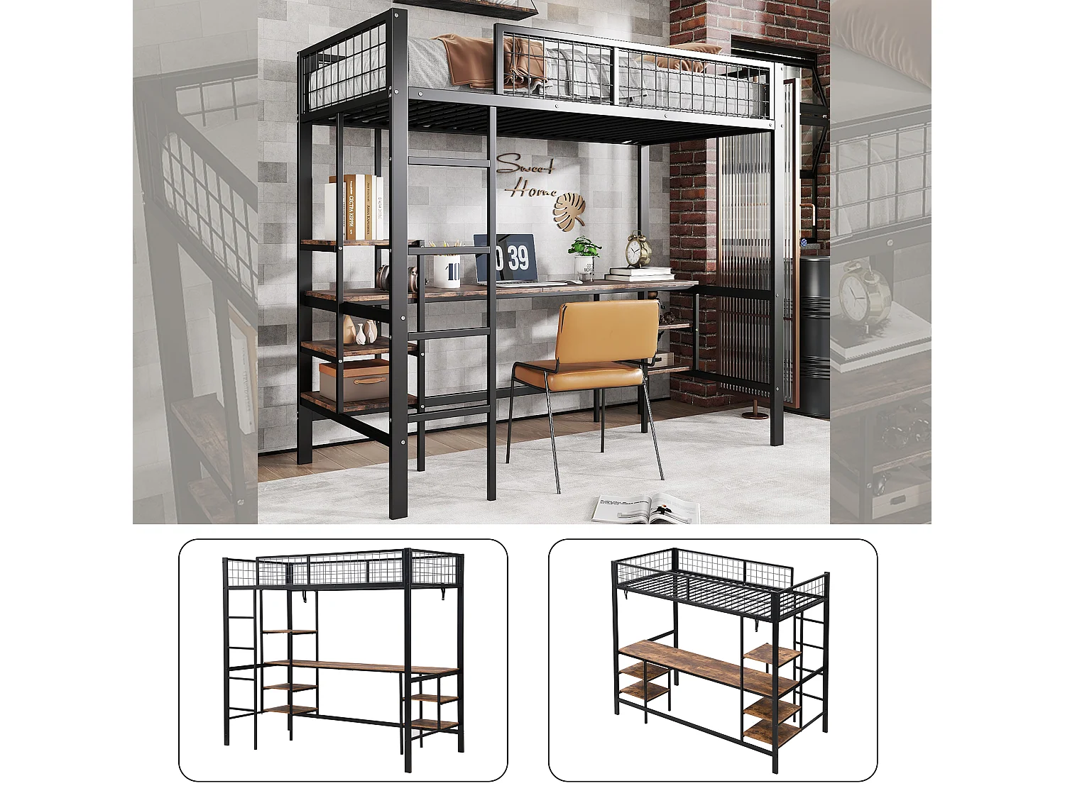 Lit mezzanine 90 x 200 cm avec bureau et étagères de rangement - Fer + aggloméré - pour enfant - Noir et marron