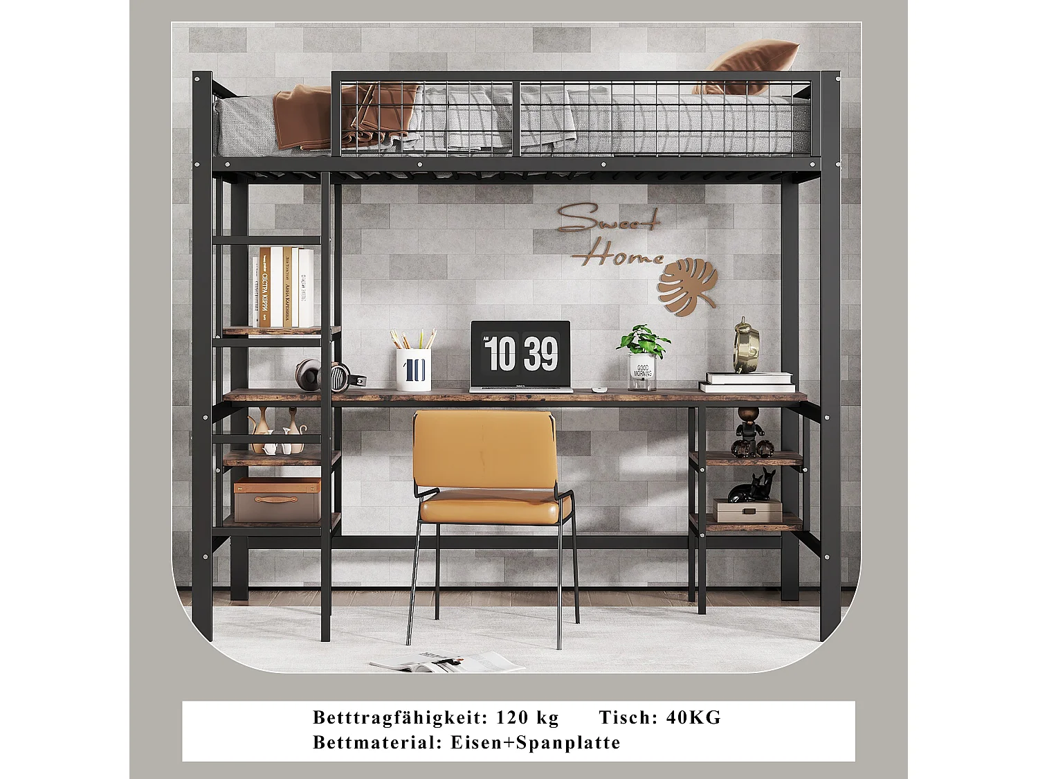 Lit mezzanine 90 x 200 cm avec bureau et étagères de rangement - Fer + aggloméré - pour enfant - Noir et marron