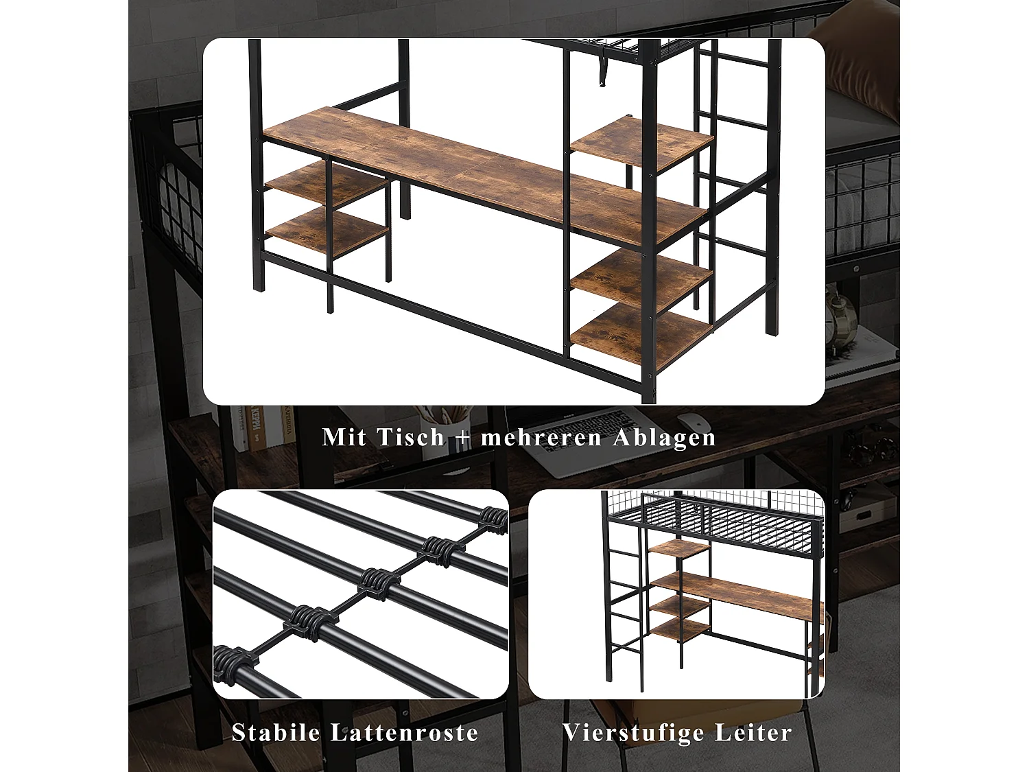 Lit mezzanine 90 x 200 cm avec bureau et étagères de rangement - Fer + aggloméré - pour enfant - Noir et marron