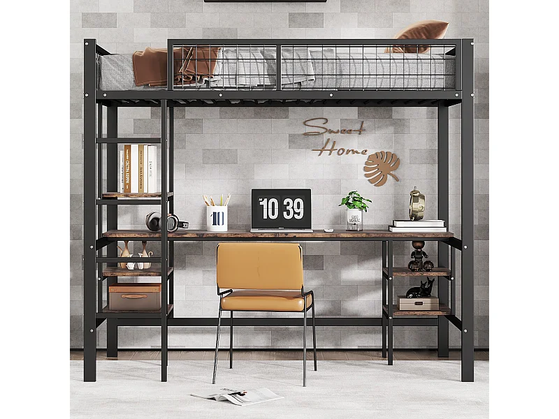 Hochbett 90 x 200 cm mit Schreibtisch und Ablageflächen - Eisen + Spanplatte - für Kinder - Schwarz und Braun