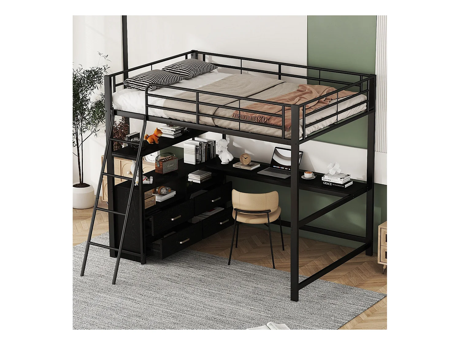 Hoogslaper 140 x 200 cm met L-vormig hoekbureau en 4 lades - Metaal - Zwart (zonder matras)