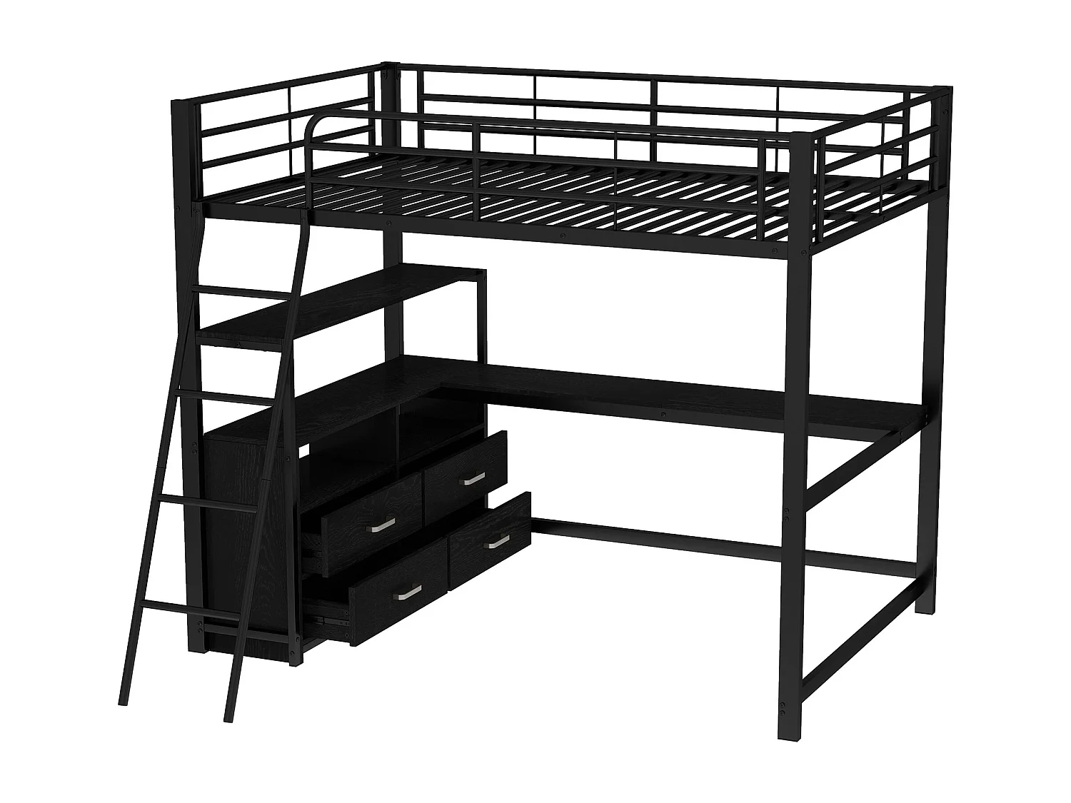 140 x 200 cm Hochbett mit L-förmigem Eckschreibtisch und 4 Schubladen - Metall - Schwarz (ohne Matratze)