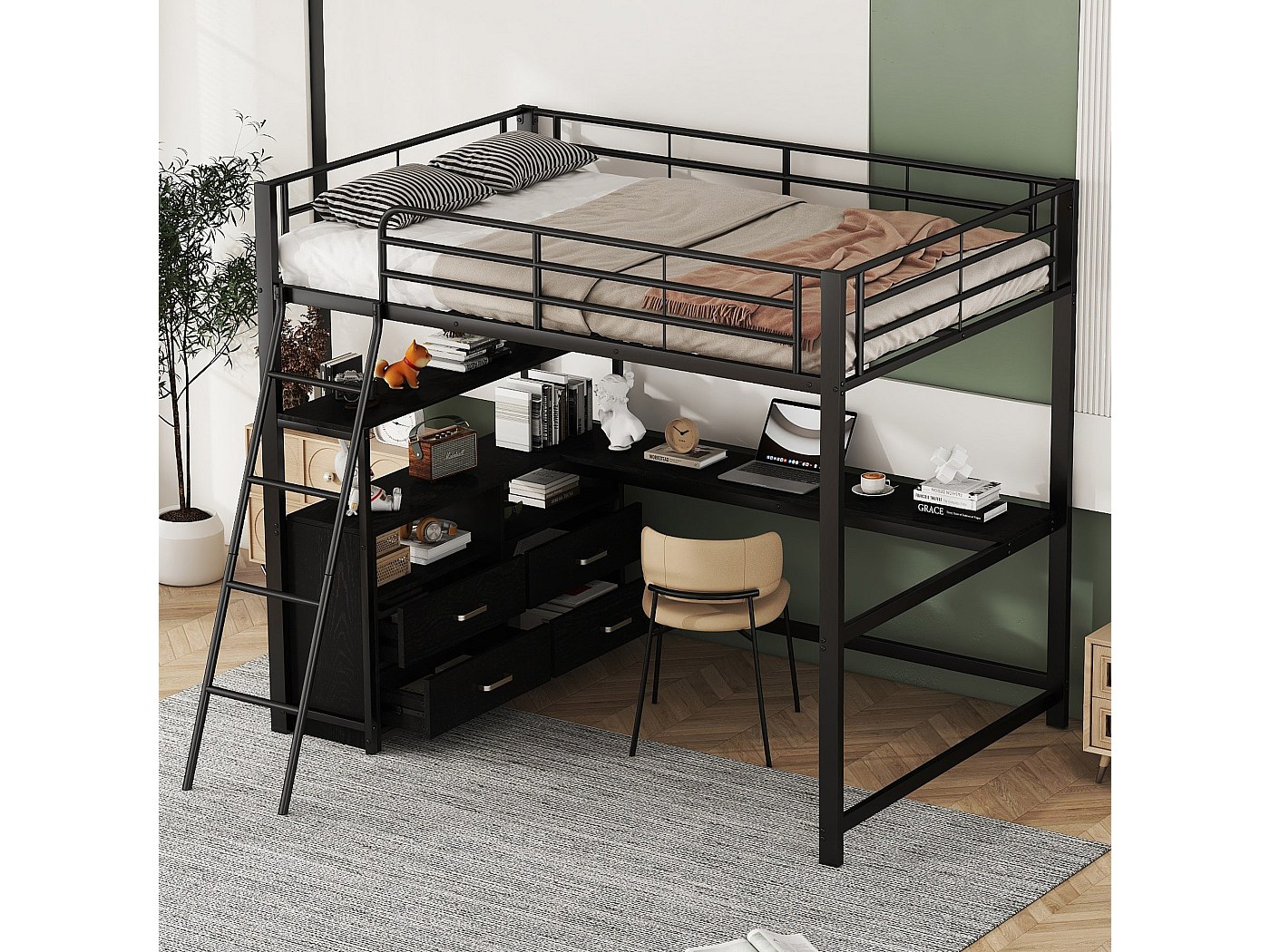 Moimhear Letto in metallo, letto a soppalco con scrivania e due librerie, per bambini, ragazzi e adulti, 140 x 200 cm, nero