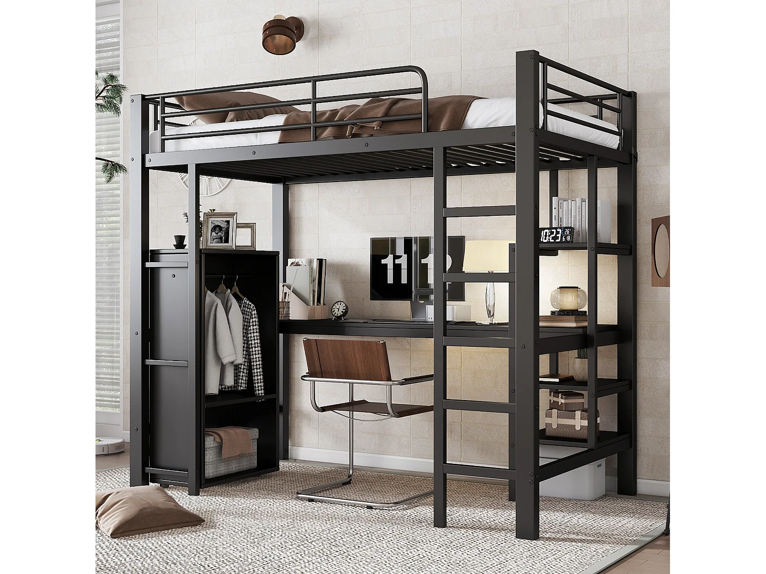 Łóżko piętrowe 90 x 200 cm z biurkiem, szafą i półkami - Metal + płyta wiórowa - Czarne (bez materaca)
