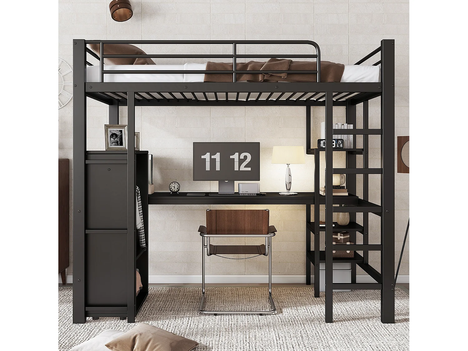 Łóżko piętrowe 90 x 200 cm z biurkiem, szafą i półkami - Metal + płyta wiórowa - Czarne (bez materaca)
