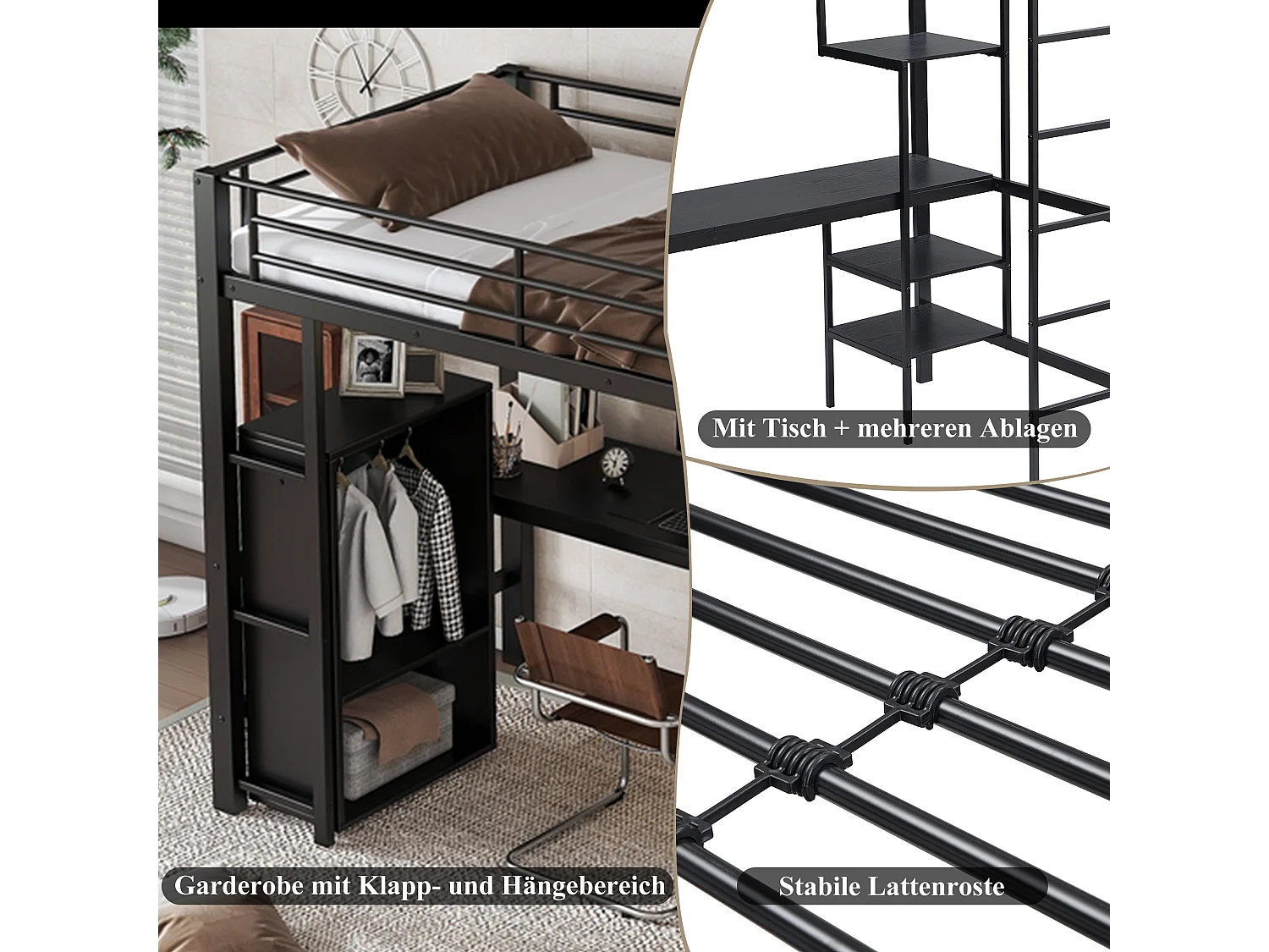 Łóżko piętrowe 90 x 200 cm z biurkiem, szafą i półkami - Metal + płyta wiórowa - Czarne (bez materaca)