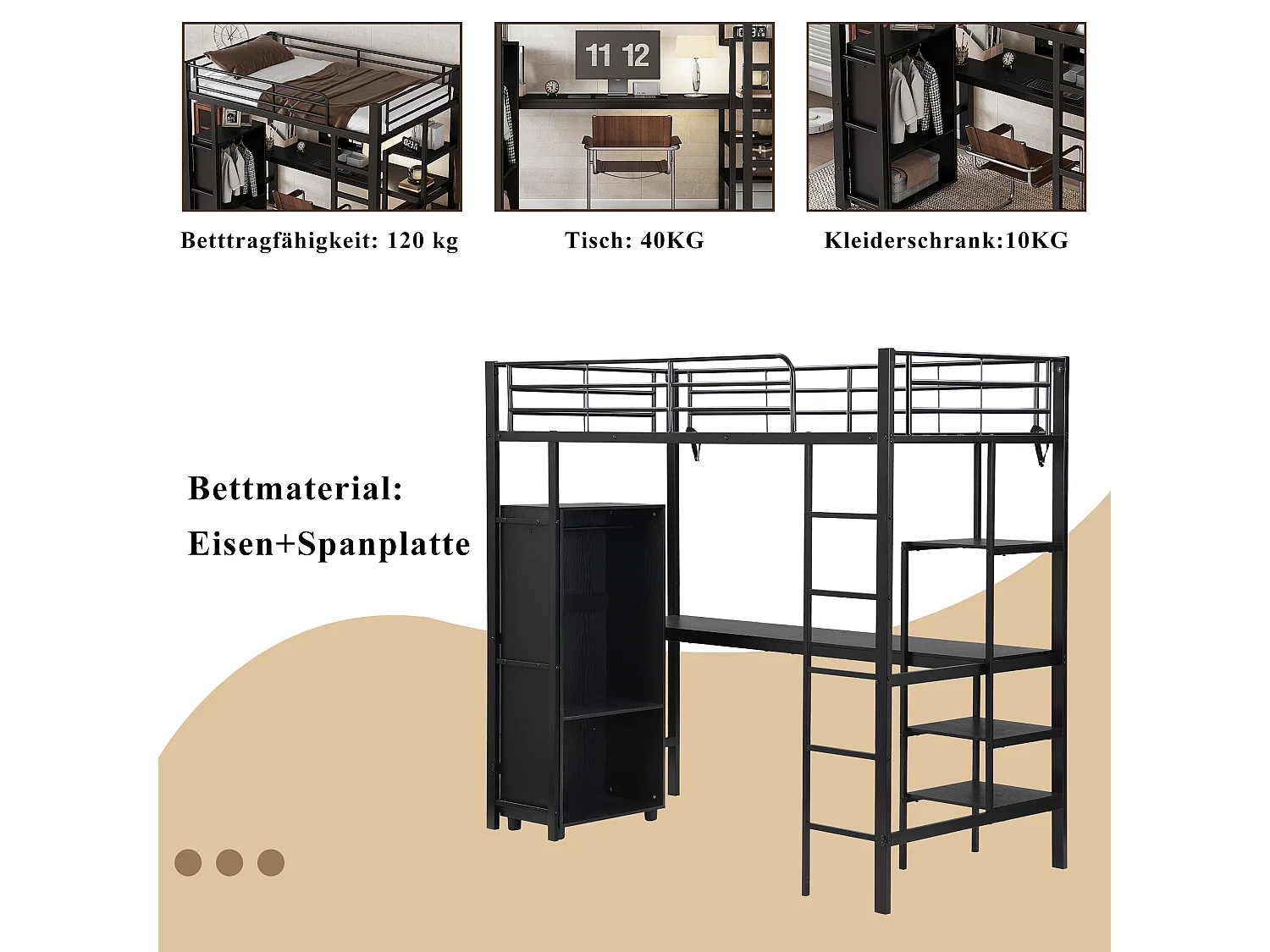 Łóżko piętrowe 90 x 200 cm z biurkiem, szafą i półkami - Metal + płyta wiórowa - Czarne (bez materaca)