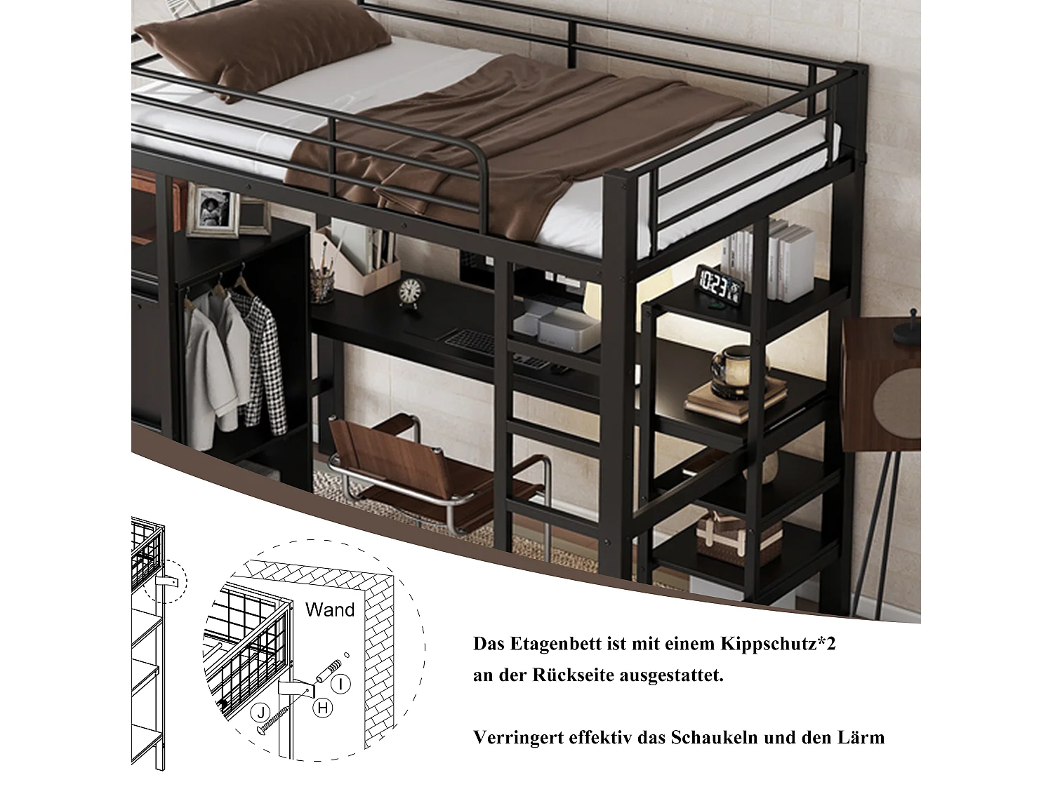 Łóżko piętrowe 90 x 200 cm z biurkiem, szafą i półkami - Metal + płyta wiórowa - Czarne (bez materaca)