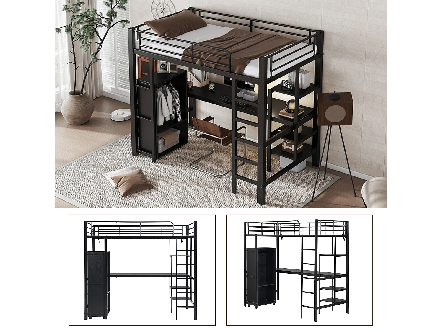Łóżko piętrowe 90 x 200 cm z biurkiem, szafą i półkami - Metal + płyta wiórowa - Czarne (bez materaca)