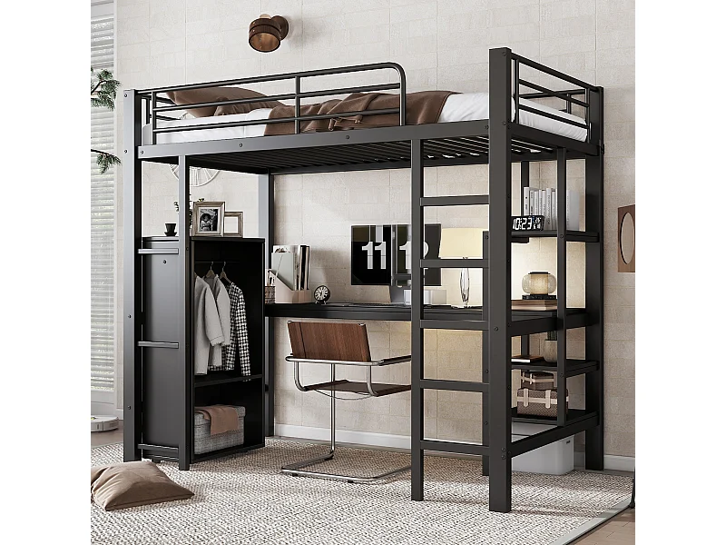 Łóżko piętrowe 90 x 200 cm z biurkiem, szafą i półkami - Metal + płyta wiórowa - Czarne (bez materaca)