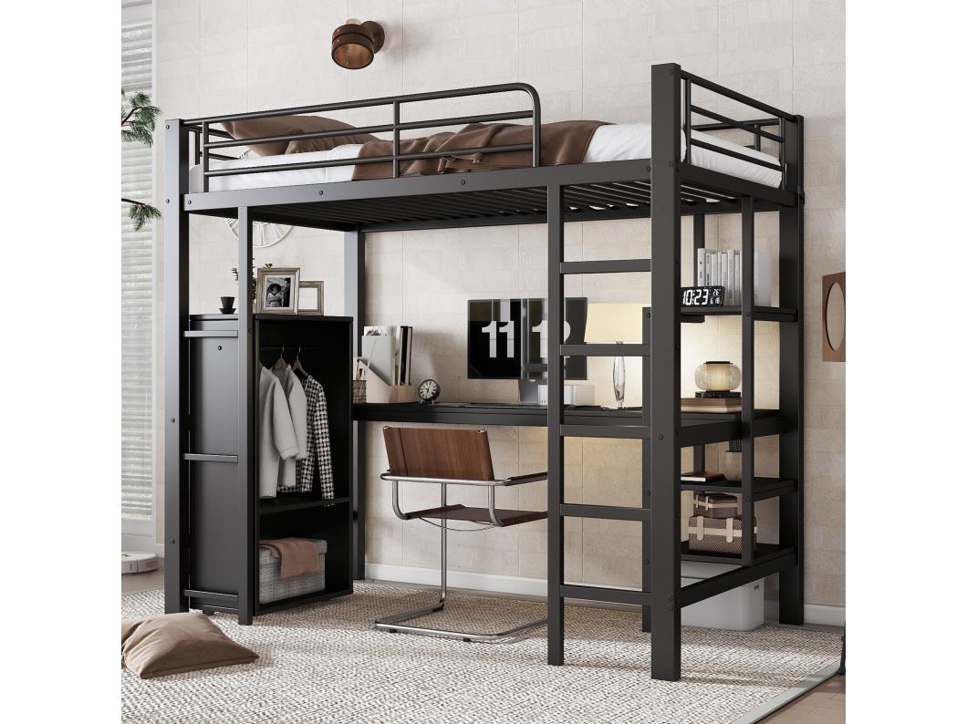 Hoogslaper 90 x 200 cm met bureau, kledingkast en planken - Metaal + spaanplaat - Zwart (zonder matras)